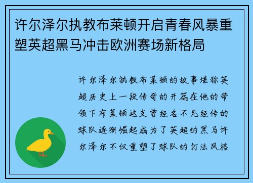 许尔泽尔执教布莱顿开启青春风暴重塑英超黑马冲击欧洲赛场新格局